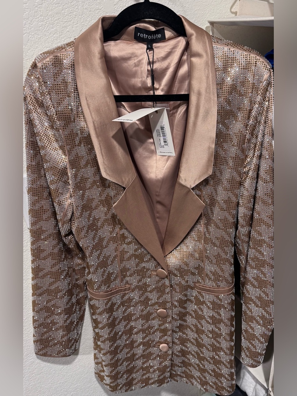 Retrofete Rose Gold Sequin Houndstooth Blazer NWT